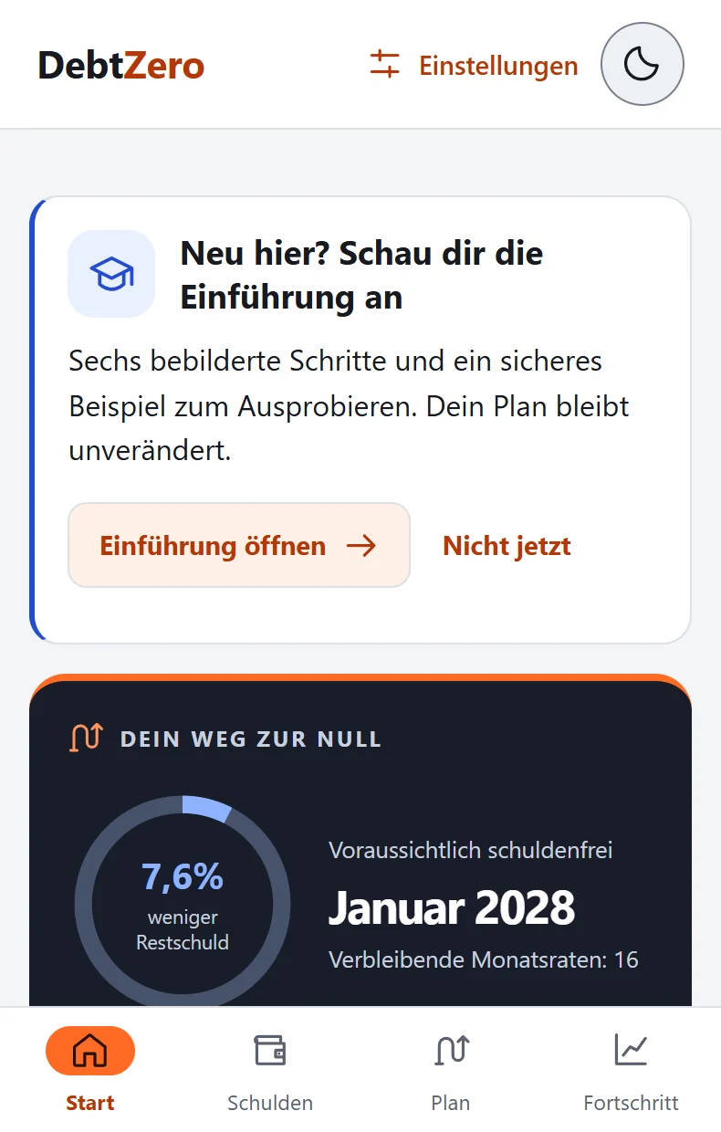 DebtZero-Startseite mit Beispielsaldo und geschätztem Tilgungsdatum
