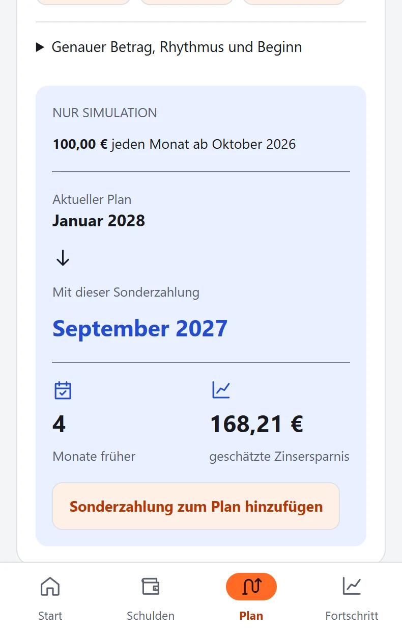 Sonderzahlungssimulation in DebtZero mit Beispieldaten