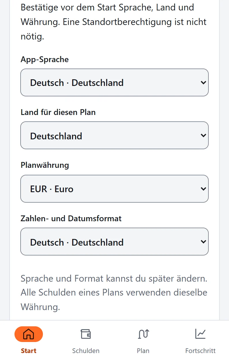 Auswahl von Sprache, Land und Währung in DebtZero