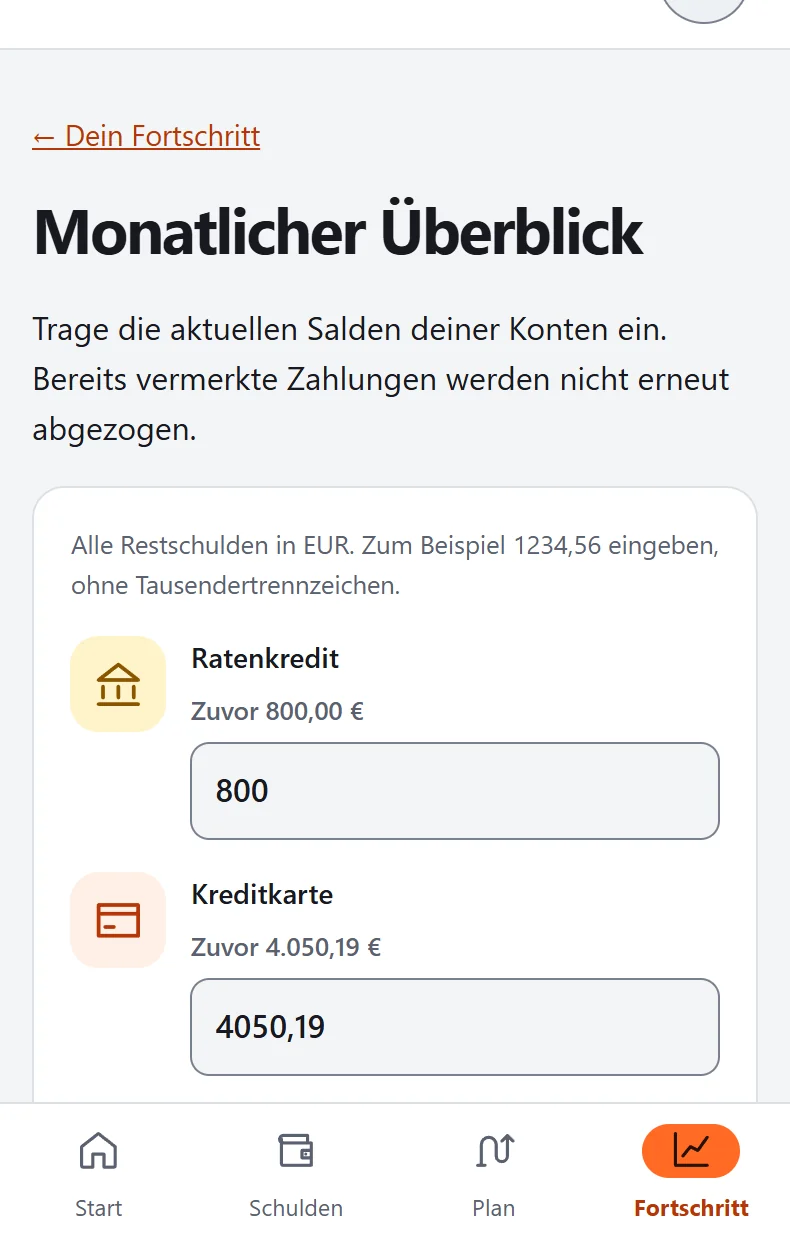 Formular zur manuellen Aktualisierung von Beispielsalden
