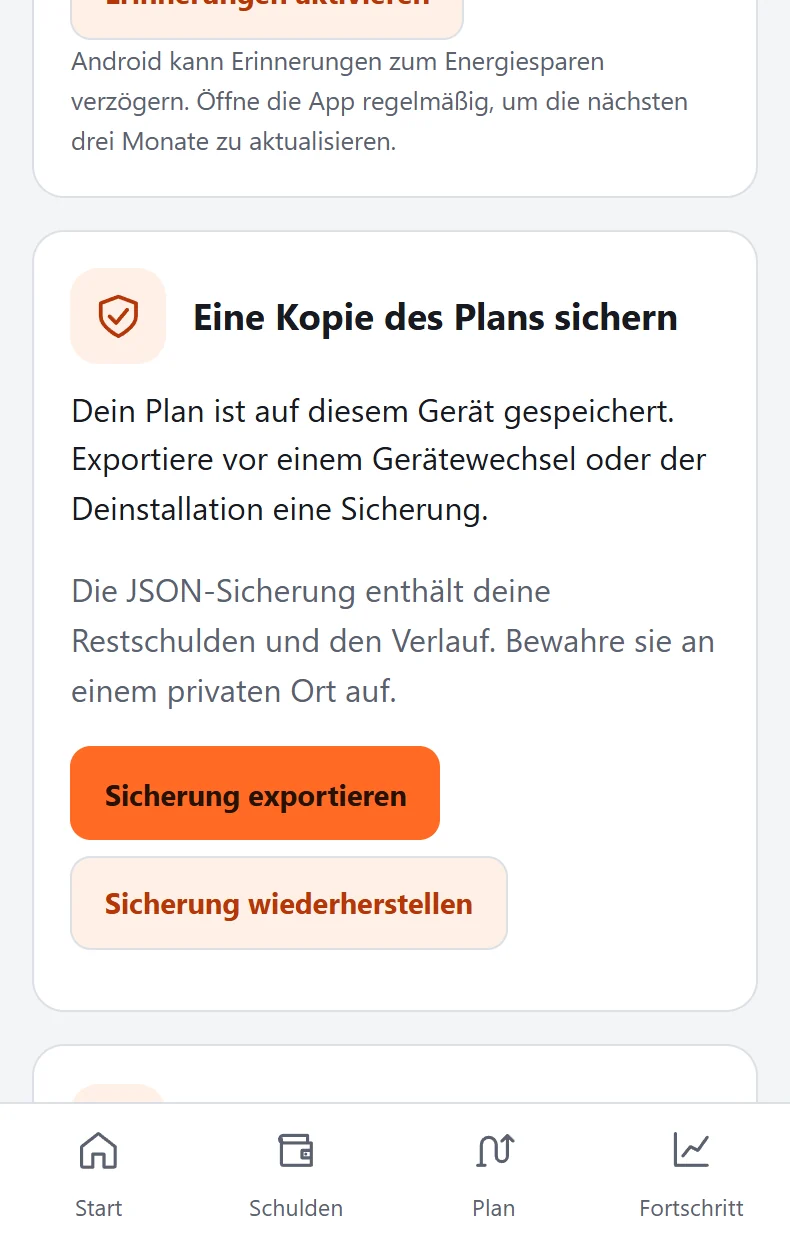 DebtZero-Einstellungen mit Export und Wiederherstellung