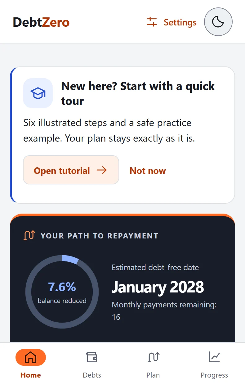 DebtZero home screen with an example balance and estimated payoff date