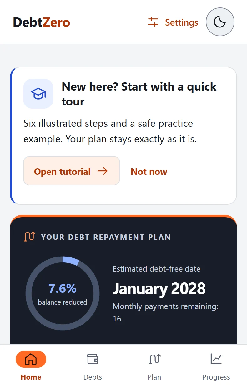 DebtZero home screen with an example balance and estimated payoff date