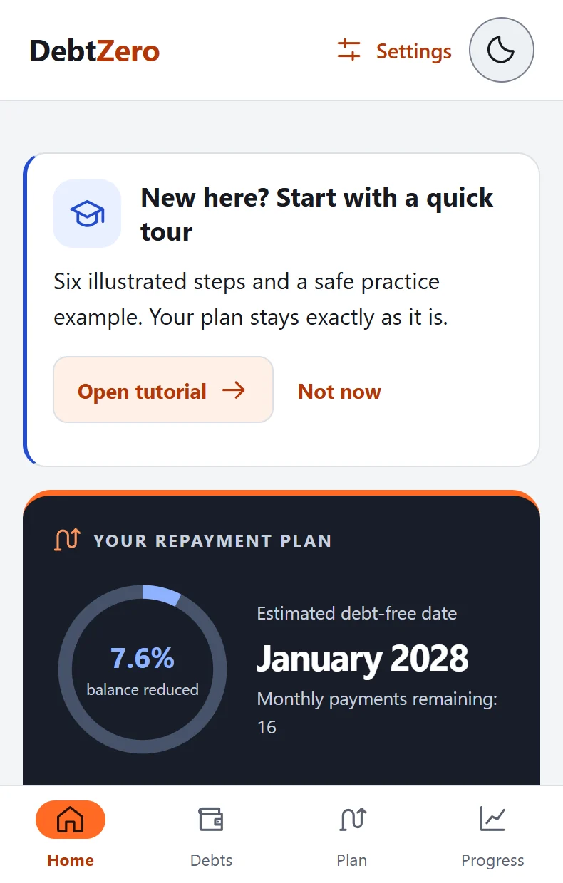 DebtZero home screen with an example balance and estimated payoff date