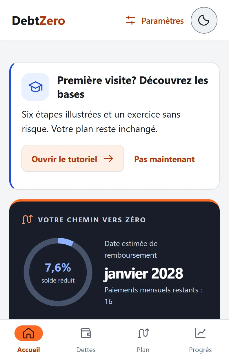 Accueil DebtZero avec un solde fictif et une date de remboursement estimée