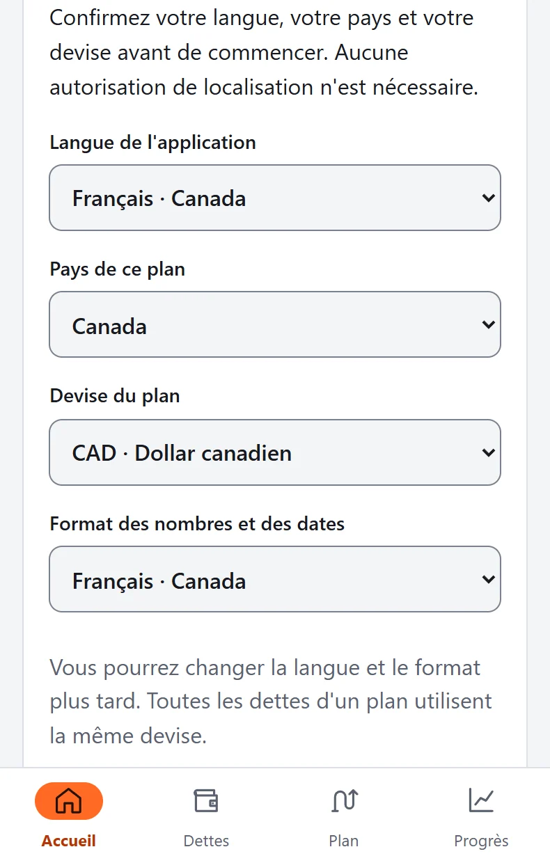 Choix de la langue, du pays et de la devise dans DebtZero