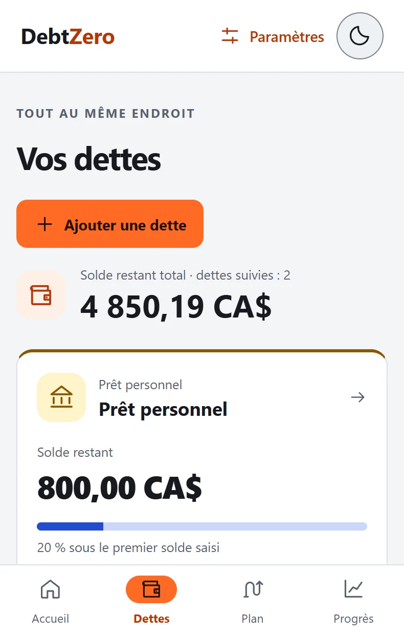 Liste de dettes fictives et de leurs soldes actuels
