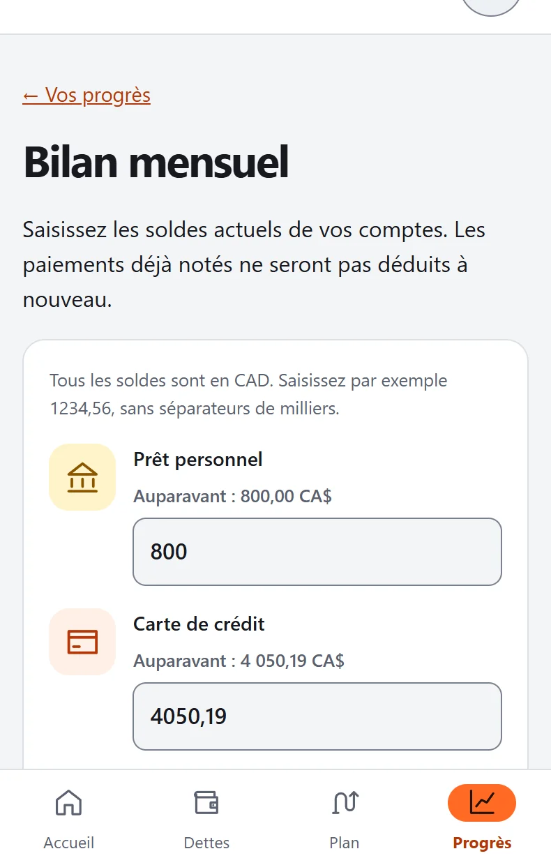Formulaire de mise à jour manuelle des soldes fictifs