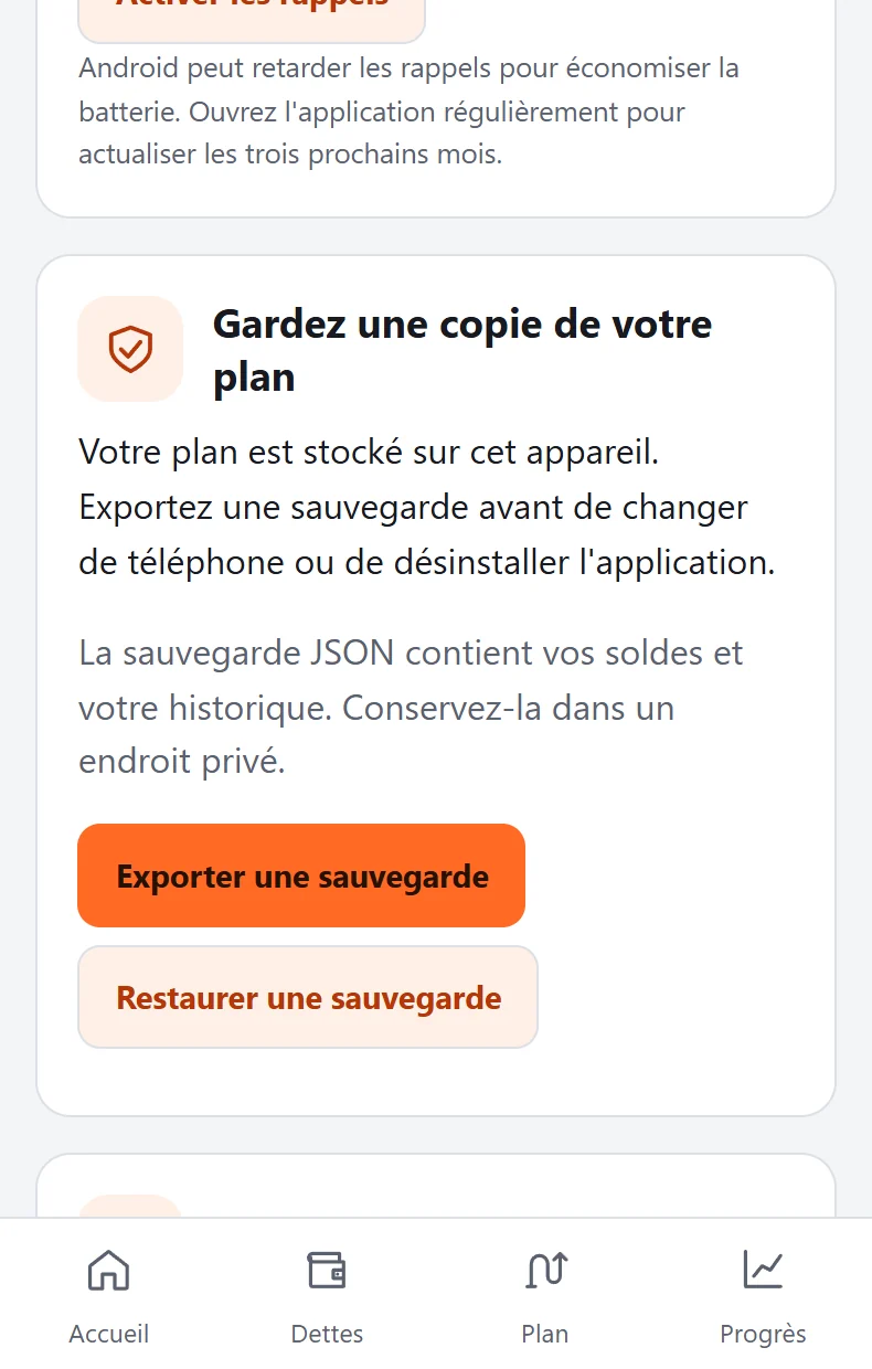 Paramètres DebtZero avec exportation et restauration de sauvegarde