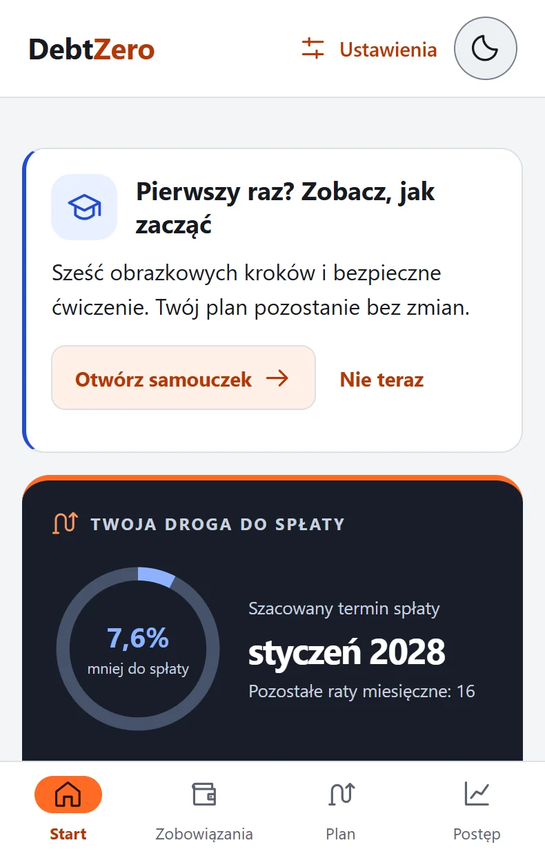Ekran główny DebtZero z przykładowym saldem i prognozą spłaty