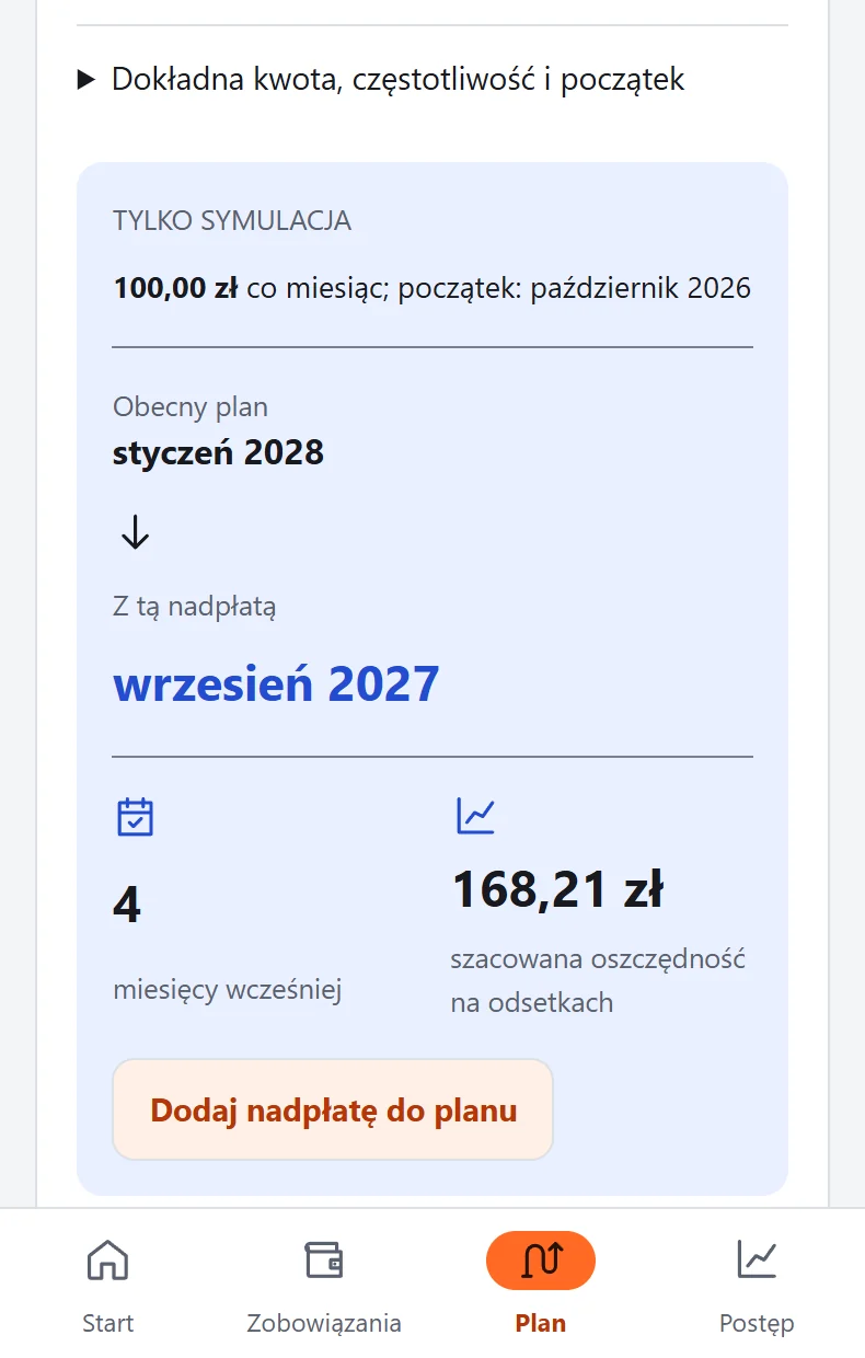 Symulacja nadpłaty w DebtZero z danymi przykładowymi