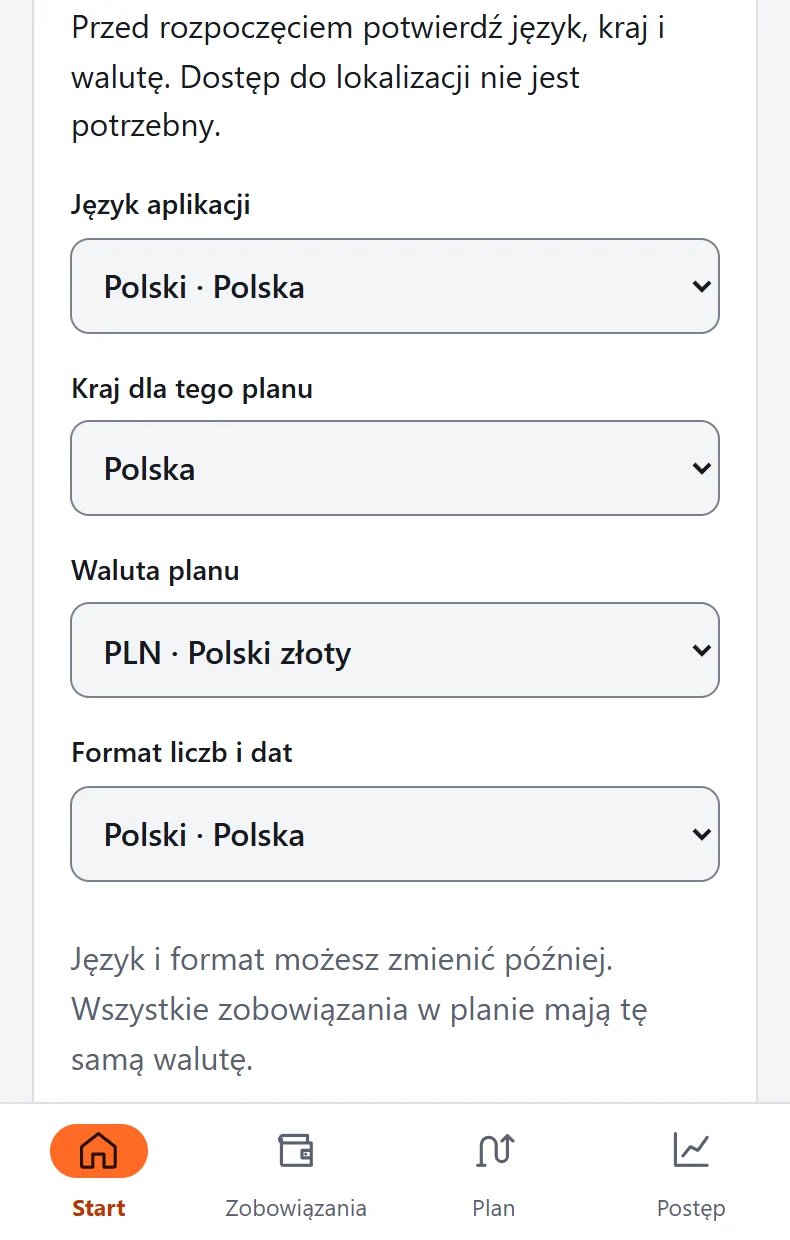Wybór języka, kraju i waluty w DebtZero