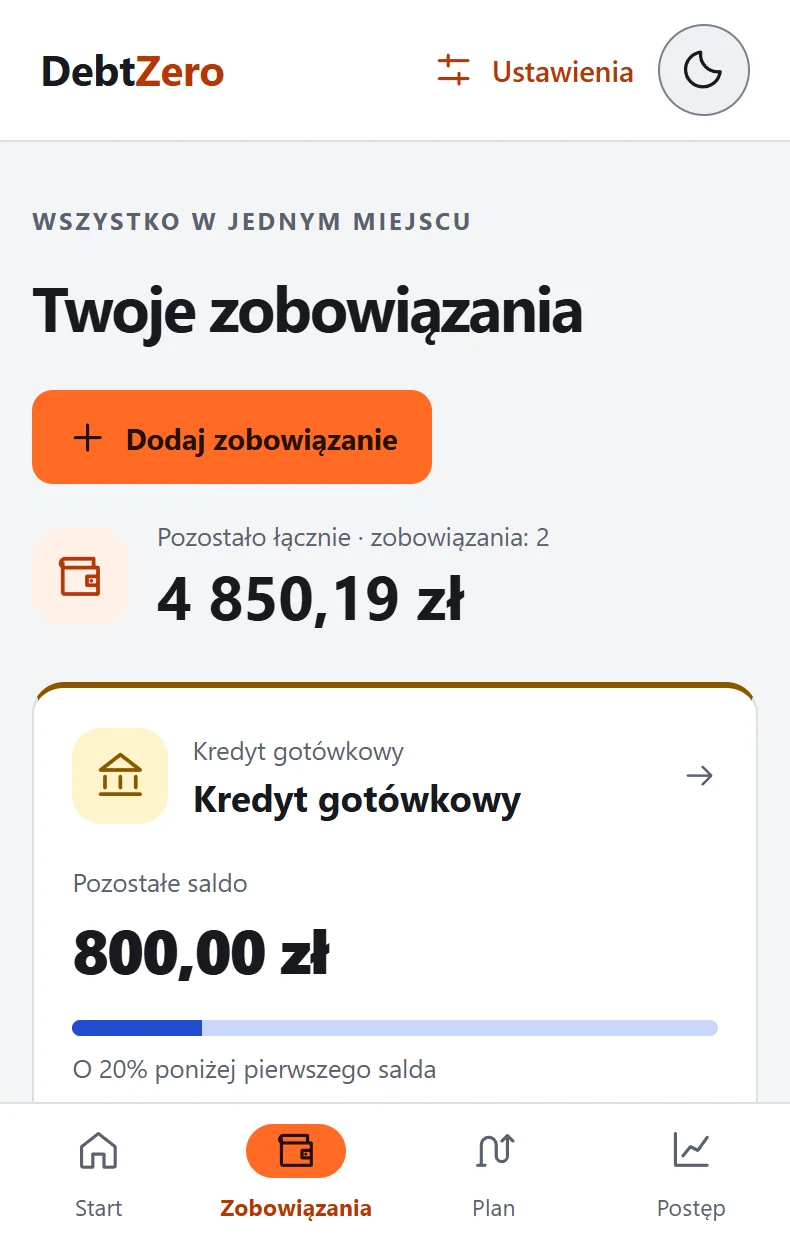 Lista przykładowych zobowiązań i aktualnych sald