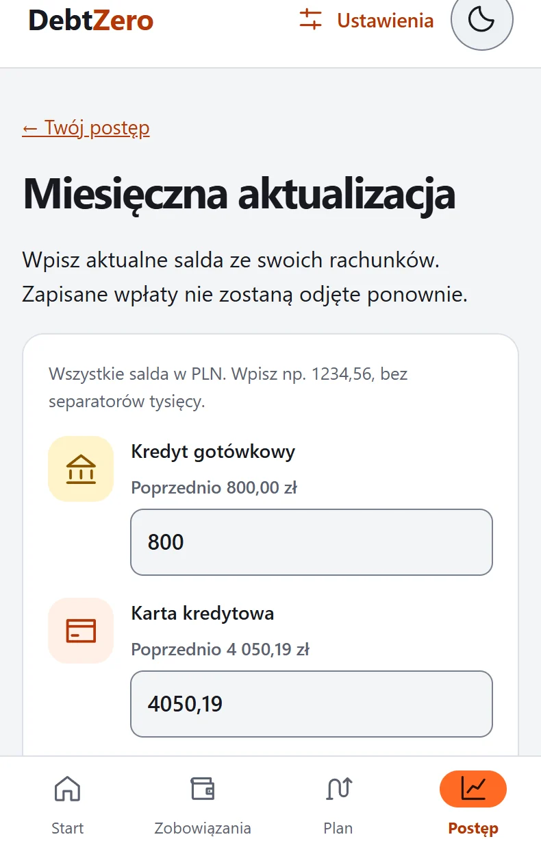 Formularz ręcznej aktualizacji przykładowych sald