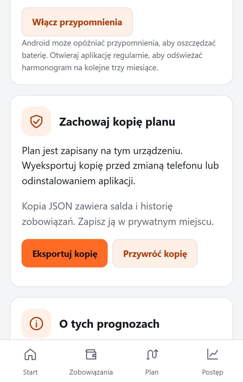 Ustawienia DebtZero z eksportem i odtwarzaniem kopii